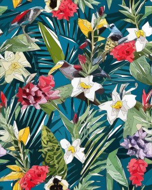 Colorful flowers, plants and leaves. Vector illustrations of flower and bird for classic floral background, wedding invitations and frame