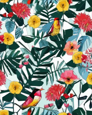 Colorful flowers, plants and leaves. Vector illustrations of flower and bird for classic floral background, wedding invitations and frame