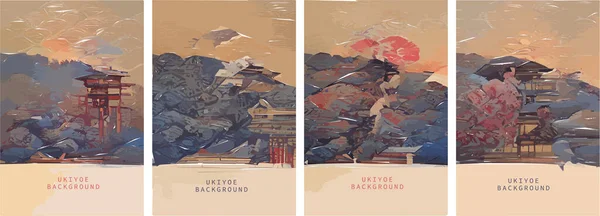 Set of Japanese background. Ukiyoe traditional illustration