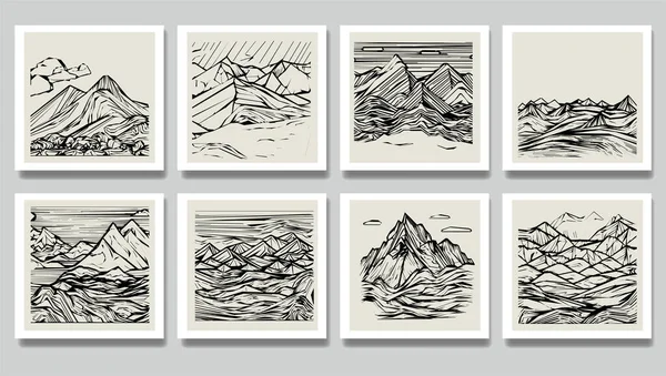 Graphic Landscape Mountains Hills Clouds Hand Drawn — Stockový vektor