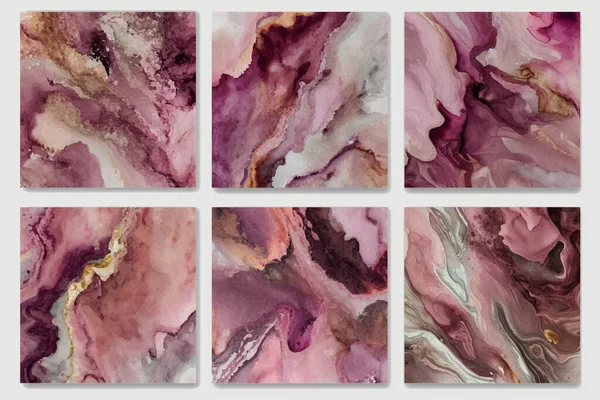 Blue and pink waves with gold glitter abstract background set.