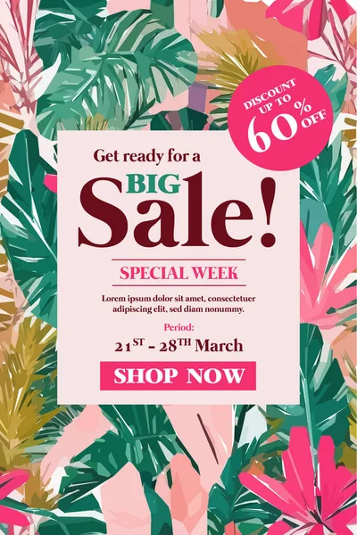 Sale banner with exotic jungle plant, tropical exotic palm leaves. Discount design background with tropical palm leaves. Nature wallpaper poster.