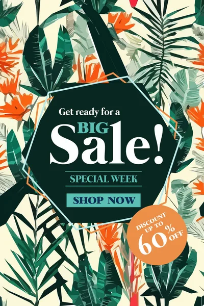 Sale banner with exotic jungle plant, tropical exotic palm leaves. Discount design background with tropical palm leaves. Nature wallpaper poster.