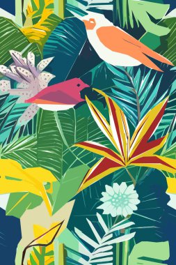 Kuş, çiçek ve yapraklı güzel tekstil deseni. Çiçek illüstrasyonu.