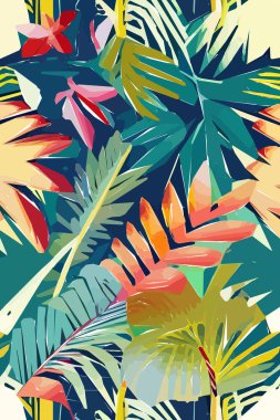 Kuş, çiçek ve yapraklı güzel tekstil deseni. Çiçek illüstrasyonu.