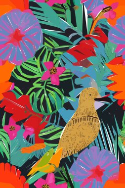 Kuş, çiçek ve yapraklı güzel tekstil deseni. Çiçek illüstrasyonu.