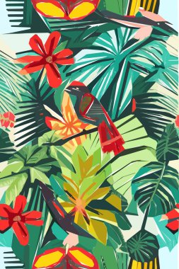 Kuş, çiçek ve yapraklı güzel tekstil deseni. Çiçek illüstrasyonu.