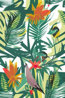 Kuş, çiçek ve yapraklı güzel tekstil deseni. Çiçek illüstrasyonu.