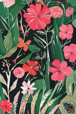 Çiçekler, yapraklar ve dallar. Tasarım geçmişiniz için el çizimi tropikal suluboya vektörü.