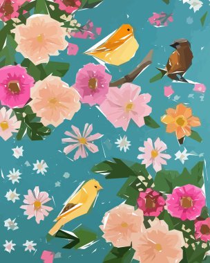 Floral Illustration Background, Colorful flowers, trees and leav