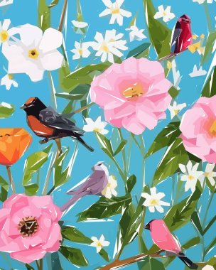 Colorful illustration of bird, flowers, leaves. Vector for wallpapers, fabrics, wrappers, postcards, greeting cards, wedding invitations, banners.