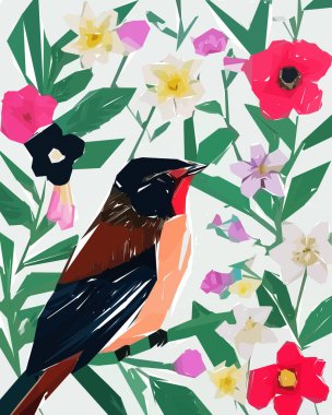 Colorful illustration of bird, flowers, leaves. Vector for wallpapers, fabrics, wrappers, postcards, greeting cards, wedding invitations, banners.