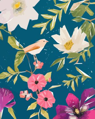 Floral background with birds, flowers and butterflies. Vector illustrations of flower and bird for classic floral background, wedding invitations and frame.