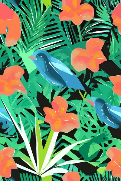 Piękny Wzór Tkaniny Ptakiem Kwiatami Liśćmi Ilustracja Kwiatowa — Wektor stockowy