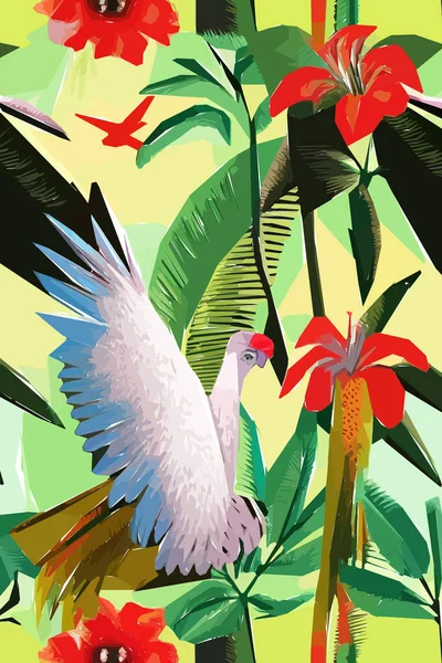 Bellissimo Motivo Tessile Con Uccelli Fiori Foglie Illustrazione Floreale — Vettoriale Stock