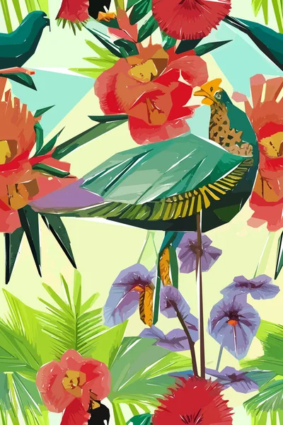 Bellissimo Motivo Tessile Con Uccelli Fiori Foglie Illustrazione Floreale — Vettoriale Stock