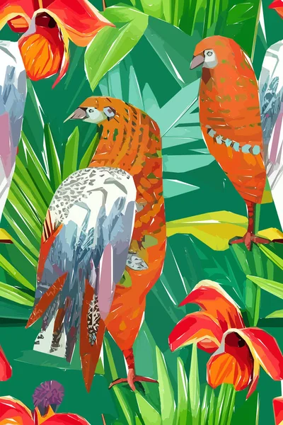 Mooi Textielpatroon Met Vogel Bloemen Bladeren Bloemen Illustratie — Stockvector