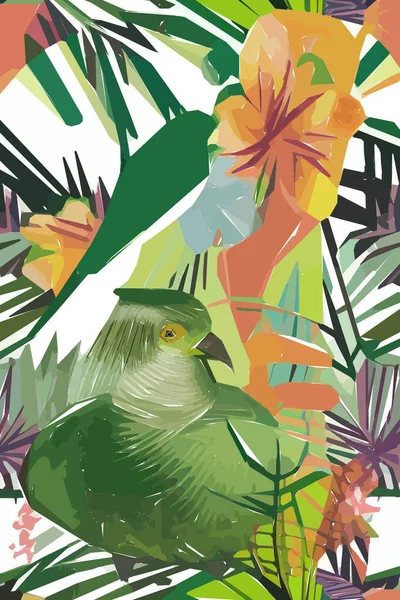 Hermoso Patrón Textil Con Pájaro Flores Hojas Ilustración Floral — Archivo Imágenes Vectoriales