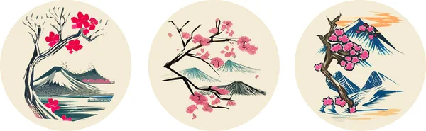 Dağları ve kiraz çiçekleriyle geleneksel Japon manzarası