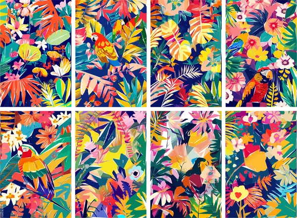 Tropikal yaprakları, hayvanları, kuşları ve egzotik çiçekleri olan renkli Safari Ormanı. Vektör illüstrasyonu.