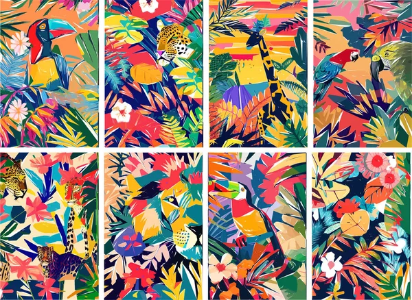 Giungla Safari Colorata Con Foglie Tropicali Animali Uccelli Fiori Esotici — Vettoriale Stock