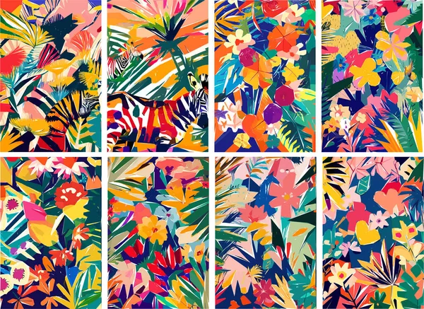 Красочные Сафари Джунгли Тропическими Листьями Животными Птицами Экзотическими Цветами Векторная — стоковый вектор