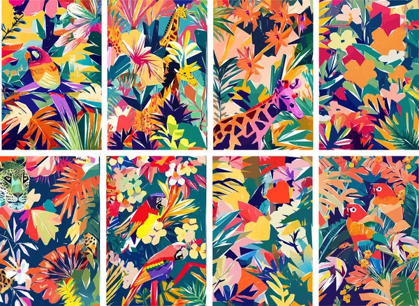 Safari Jungle Coloré Avec Feuilles Tropicales Animaux Oiseaux Fleurs Exotiques — Image vectorielle