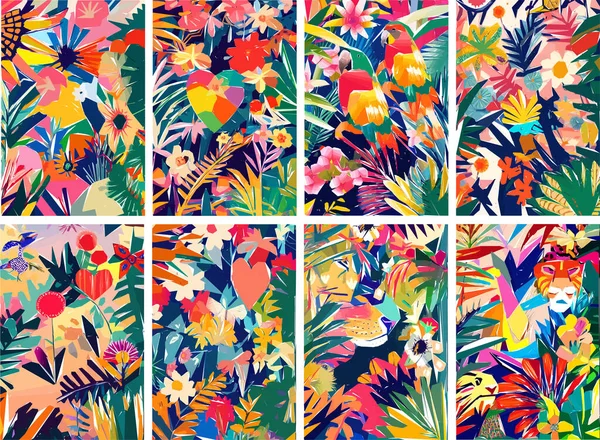 色彩艳丽的萨法里丛林 有着热带的树叶 鸟类和奇异的花朵 矢量说明 — 图库矢量图片