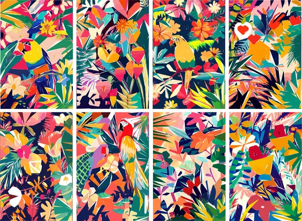 Colorida Selva Safari Con Hojas Tropicales Animales Aves Flores Exóticas — Archivo Imágenes Vectoriales