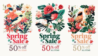 Tropikal çiçekler ve kuşlarla İlkbahar İndirimi.