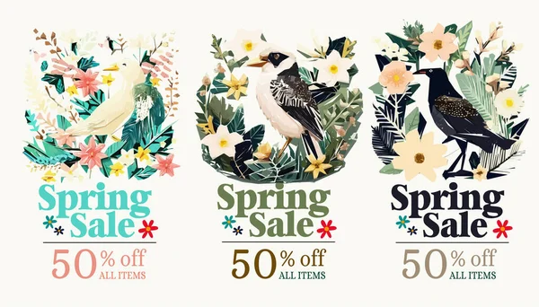 Venta Primavera Ilustración Conjunto Con Flores Tropicales Aves — Vector de stock