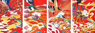 Geleneksel Japon geçmişi Kırmızı. Güzel Sakura çiçekleri