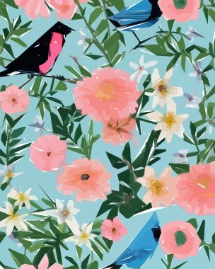 Çiçekli, kuşlu ve yapraklı çiçek arkaplanı. Tasarımınız için vektör illüstrasyonu.