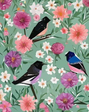 Çiçekli, kuşlu ve yapraklı çiçek arkaplanı. Tasarımınız için vektör illüstrasyonu.