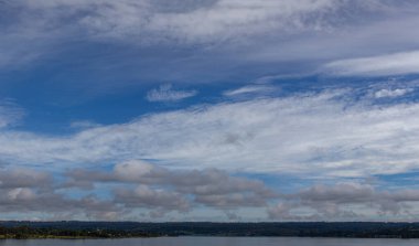 Wide blue sky with clouds and blur in depth of field to the horizon line. Great sky
