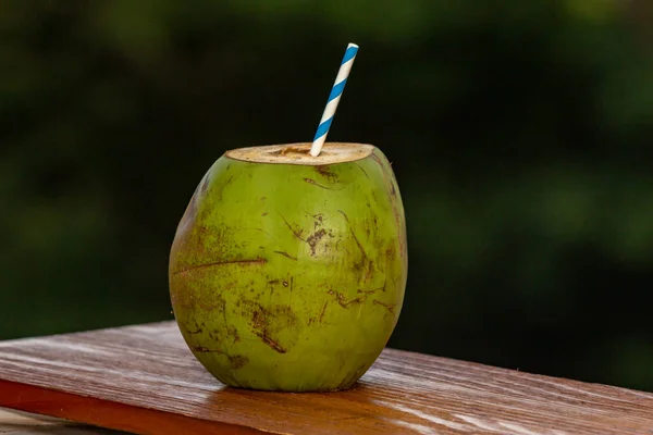 Kokosový Ořech Modrobíle Pruhovanou Slámou Sedí Dřevěné Palubě Detailní Selektivní — Stock fotografie