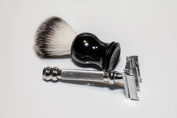 Vintage Razor Shaving Brush Isolated Plain Background — Stock Photo, Image