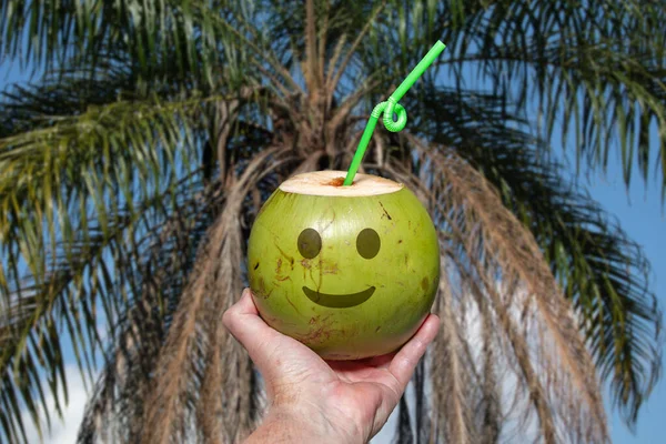 Zelený Kokos Taženým Emoji Tropická Kokosová Voda Selektivním Zaměření Umělecká — Stock fotografie