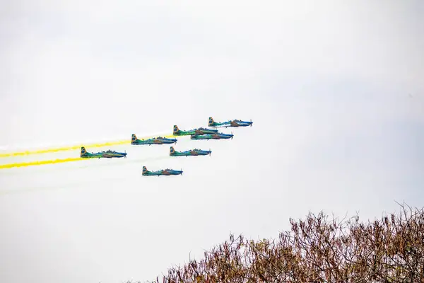 stock image Traditional Brazilian Smoke Squadron, consisting of 3 Super Tucano A-29 Turboprop aircraft