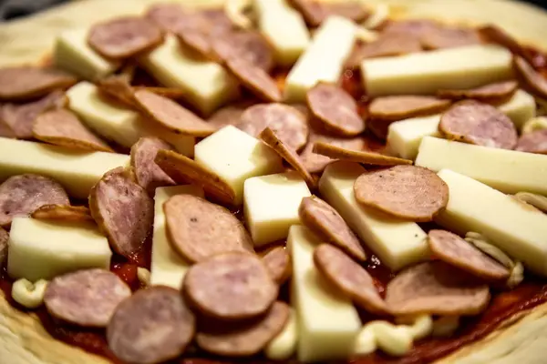 stock image The most traditional rustic Brazilian artisanal pizza, pepperoni and onions with long-maturing dough.