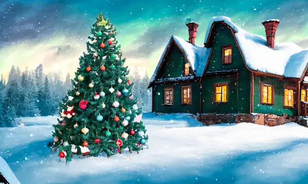 Süslü yılbaşı ağacıyla harika bir Noel sahnesi