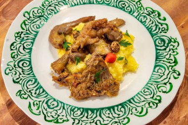 Geleneksel ve kırsal Brezilya yemeği, polentalı tavuk. Gerçek yemek.