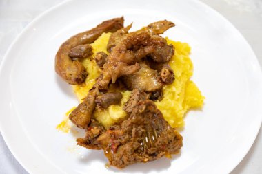 Geleneksel ve kırsal Brezilya yemeği, polentalı tavuk. Gerçek yemek.