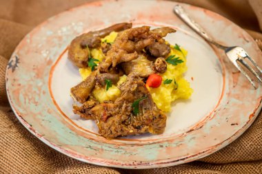 Geleneksel ve kırsal Brezilya yemeği, polentalı tavuk. Gerçek yemek.