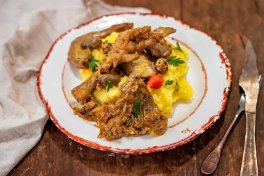 Geleneksel ve kırsal Brezilya yemeği, polentalı tavuk. Gerçek yemek.