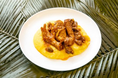 Geleneksel ve kırsal Brezilya yemeği, polentalı tavuk. Gerçek yemek.