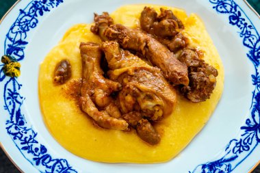 Kırsal Brezilya yemeği, polentalı serbest tavuk. Gerçek yemek.