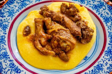 Kırsal Brezilya yemeği, polentalı serbest tavuk. Gerçek yemek.