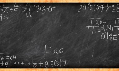Karmaşık ve kurgusal matematiksel hesaplamalarla tebeşirle yazılmış okul kurulu