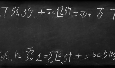Karmaşık ve kurgusal matematiksel hesaplamalarla tebeşirle yazılmış okul kurulu